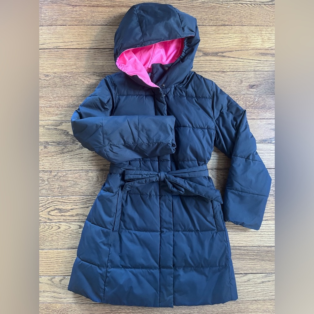 Girls Crewcuts Long Navy Puffer Coat with Pink Lining
